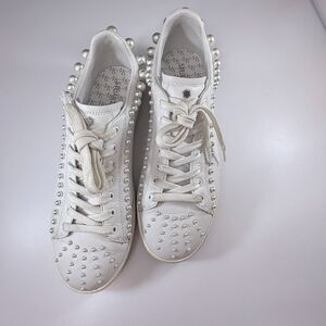 Stuart Weitzman White Leather Pearl & Stud Embellished Sneakers